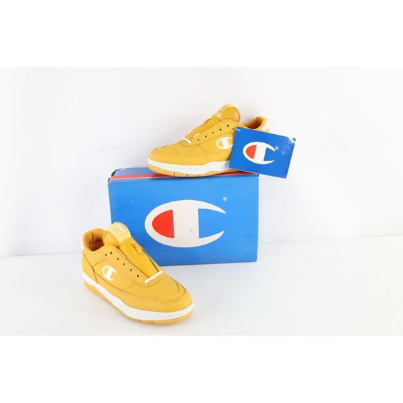 NOS Vintage 90s Champion Boys 4 Leather Skateboard Shoes Sneakers Mustard Yellow